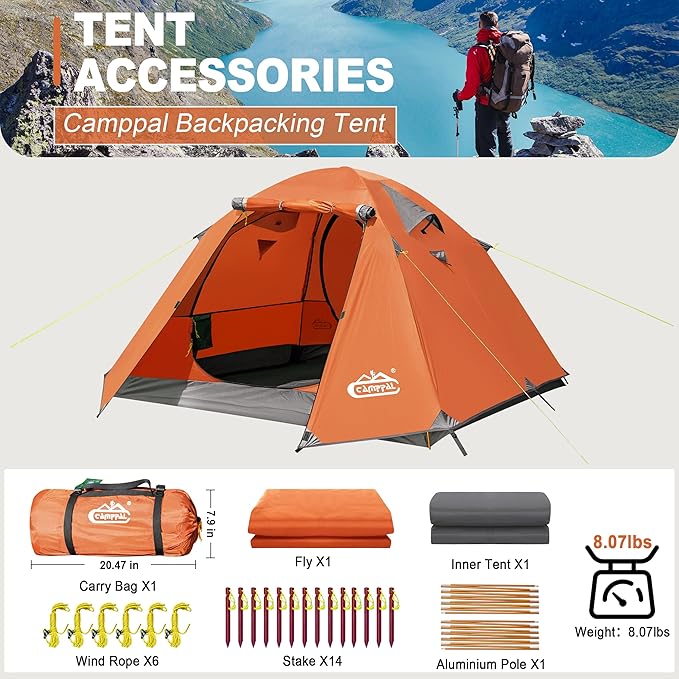 2-3 Person Backpacking Tent with Double Door 2 Vestibule Waterproof Windproof Lightweight Easy Set Up 3 Season 2 Man Two Person Tent for Camping Hiking Motorcycle Mountaineering with UPF 50+