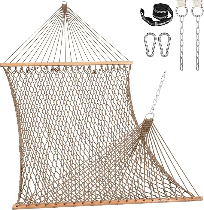 Lazy Daze Hammocks 12FT Double Rope Hammocks 2 Person Hand Woven Cotton Hammock with Spreader Bar Carabiner Tree Strap Chain for Outside FIT 13-15 FT Stand Max 450 Lbs Brown