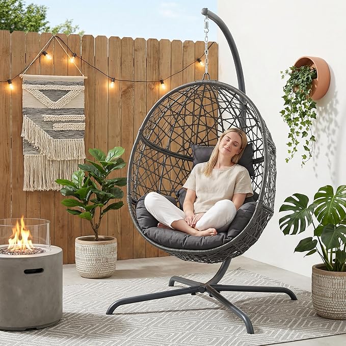 BULEXYARD Oversized Hanging Egg Chair with Stand Indoor Outdoor Wicker Bird Cage Swing Chair Patio Hammock Egg-Shaped Swinging Chair with Dark Grey Cushion for Garden Bedroom 350LBS Capacity