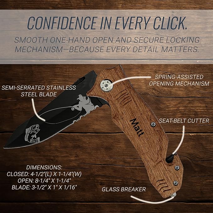 Personalized Pocket Knife for Men with Clip | Laser Engraved Fishing Design Folding Utility Tactical Switchblade for Camping Hunting Rescue | Custom Birthday Gift for Dad Husband Groomsmen Gifts