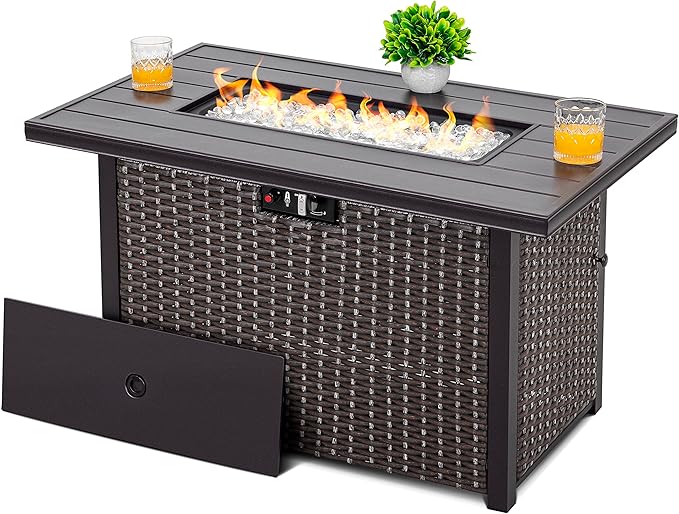 Nuu Garden 43 Propane Fire Pit Table 50000 BTU CSA Certified Outdoor Gas Fire Pit with Aluminum Tabletop Removable Lid 7 lbs Glass Rocks &amp Waterproof Oxford Cover Brown