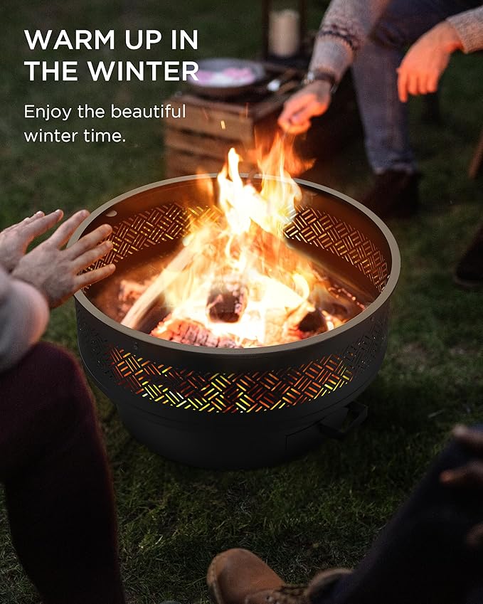 32 Fire Pits with Cooking Grill Outdoor Fire Pit with Lid &amp Fire Poker Fire Pit Table for Outside Wood Burning Firepit Round Heavy Duty Firepit for BBQ Table Picnic Camping Bonfire Party