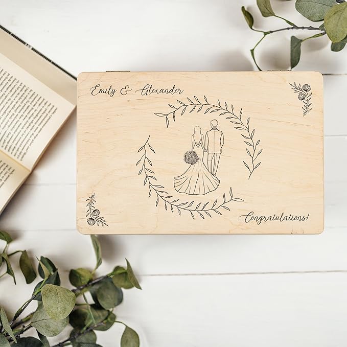 Creative Deco Personalized Wooden Storage Box Wedding Box | 11.8x7.87x5.51in (+-0.5) | Multiple Choice | Hinged Lid Handles Engraving | Gift Box | UNSANDED Keepsake Souvenir Chest