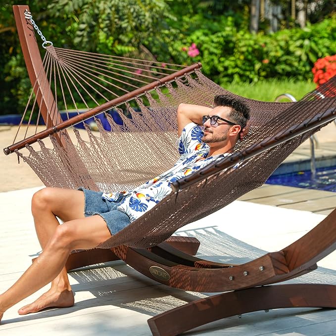 Lazy Daze Hammocks 10.5 FT Double 2 Person Caribbean Rope Hammock Hand Woven Polyester Hammock with Spreader Bars for Outdoor Backyard Patio Poolside 450 LBS Capacity Brown