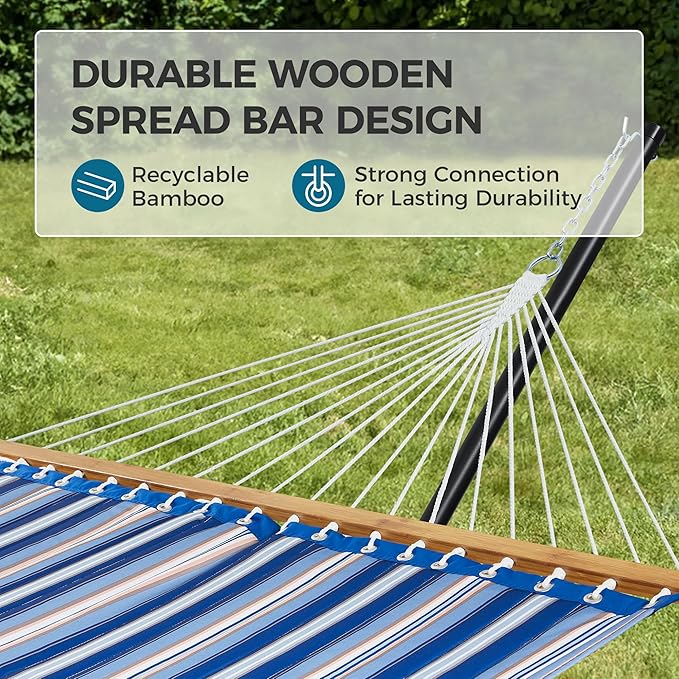 SUPERJARE Hammock with Stand 2 Person Quilted Outdoor Hammock Detachable Pillow &amp Bamboo Spreaders Portable Hammock with Carrying Bag Heavy Duty Stand Perfect for Outside Navy Blue Stripe