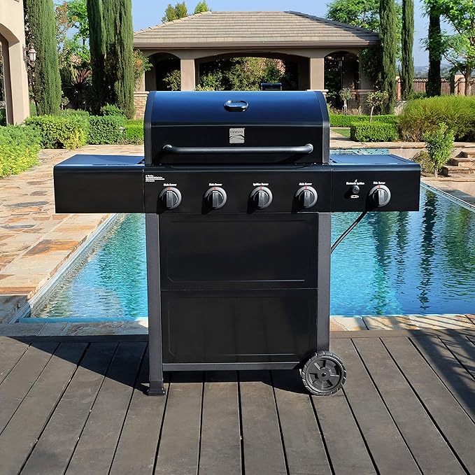 Kenmore 4-Burner Gas Grill with Side Burner Outdoor BBQ Grill Propane Gas Grill Cast Iron Cooking Grates Electronic Ignition Warming Rack Open Cart Design 53000 BTUs Black