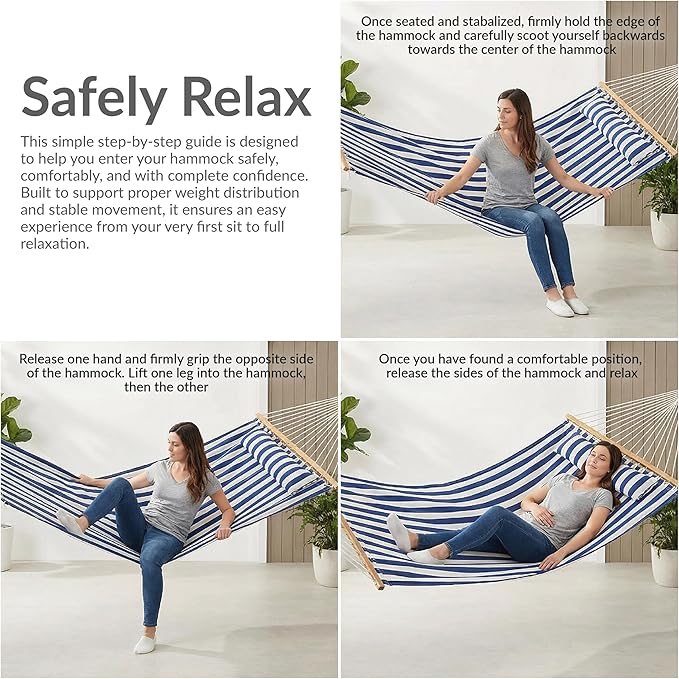 Sunnydaze Quilted Outdoor Hammock with Spreader Bars - Heavy-Duty 450-Pound Capacity Double Hammock for Outside - Woodland Stripe