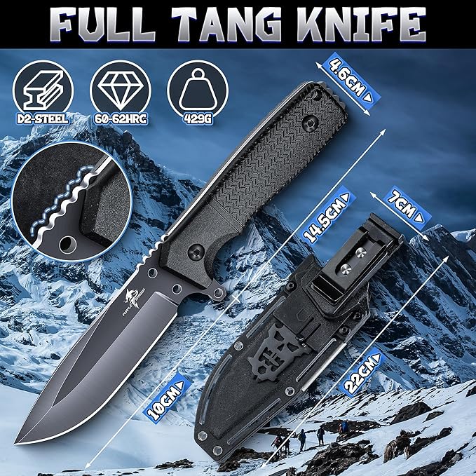 Purple Dragon Fixed Blade Knife with Kydex Sheath Black Outdoor Knives for Camping with Ergonomic Handle Durable Kydex Sheath Gifts for Men