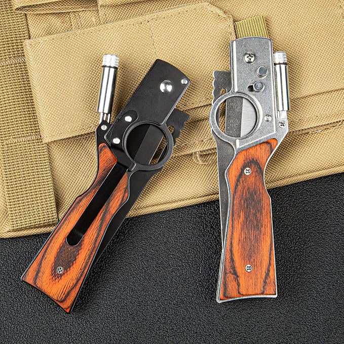2 Pcs Pocket Knife Ak47 Folding Knife Stainless Steel Blade Lightweight Wooden Handle Gifts for Men