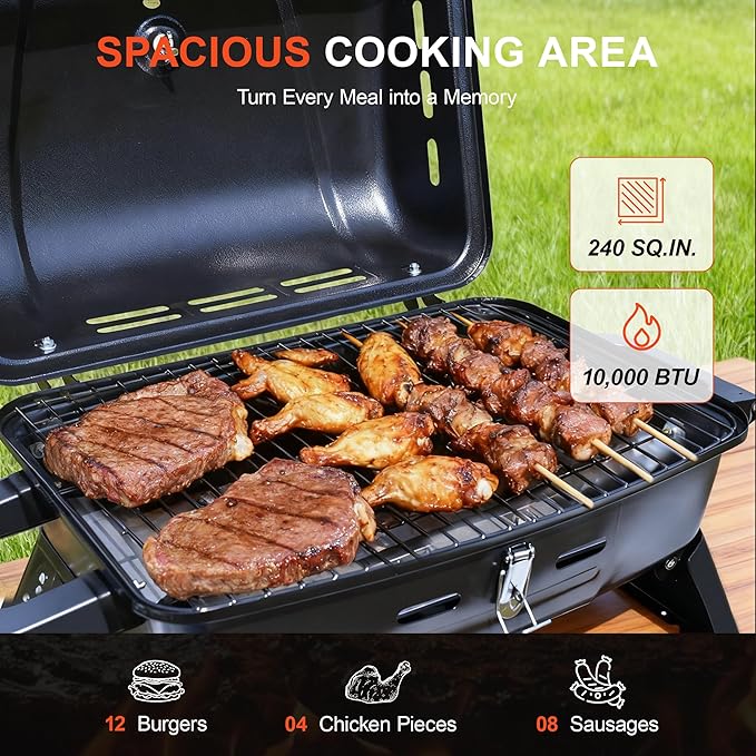 BRANDMAN GRILLS SINCE 1987 Portable Propane Gas Grill 1-Burner Tabletop Compact BBQ Grill with Folding Legs and Lockable Lid for Camping Tailgating &amp Outdoor Cooking Hassle-Free Setup