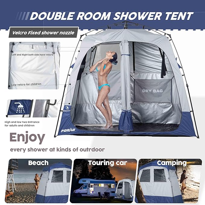 Camping Shower Tent Deluxe Changing Room Easy Set Up Privacy ShelterLarge Toilet Tent with Floor Drain Design for Beach CampingHiking with Stakes and Ropes for Stability
