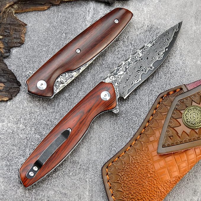 Sitivien ST240 EDC Damascus Steel Folding Knife with Dalbergia HandleVG10 Core Blade Liner Lock and Belt ClipFishing Hiking Survival Knife