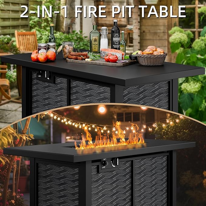 43 Propane Fire Pit Table with Glass Wind Guard &amp Lid 50000 BTU Outdoor Gas Fireplace Weather-Resistant Smokeless 2-in-1 Rectangular Coffee Table for Patio Garden