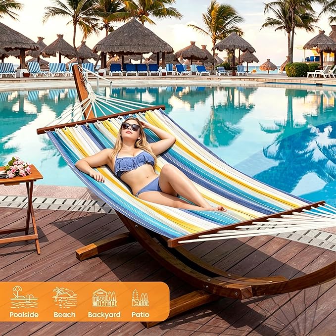 Lazy Daze Hammocks Cotton Fabric Spreader Bar Hammock and 10.5 Ft Wood Arc Hammock Stand Combo for Outdoor Indoor Patio Backyard Blue and Yellow