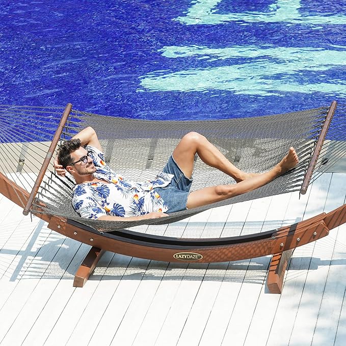 Lazy Daze Hammocks 10.5 FT Double 2 Person Caribbean Rope Hammock Hand Woven Polyester Hammock with Spreader Bars for Outside Outdoor Backyard Patio Poolside 450 LBS Capacity Gray