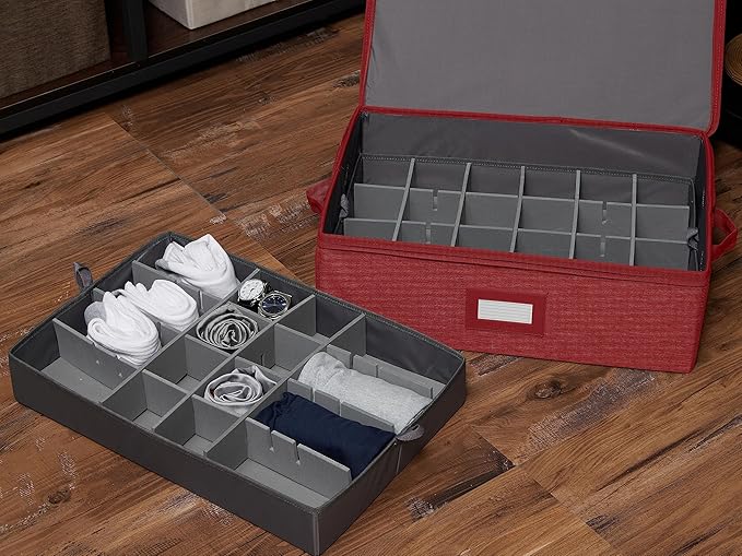 Covermates Keepsakes Adjustable Zip-Top Storage Box FlexGrid Organizer Compartments Heavy Duty Polyester Stackable Design ID Window Reinforced Handles Red Heather