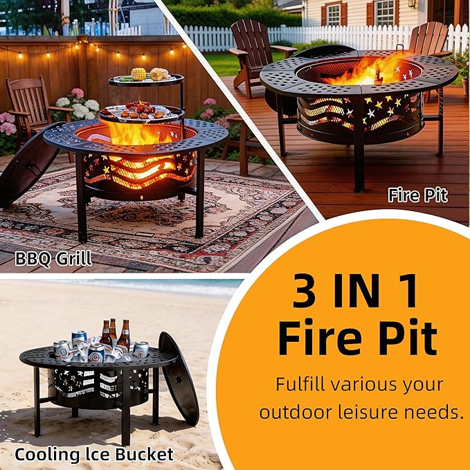 PrimeZone 42 Outdoor Fire Pit with 2 Grills - Wood Burning Firepit for Outside with Cover &amp Poker Heavy Duty Metal Fire Pit Large Round Fireplace for Patio Backyard Picnic Camping Bonfire