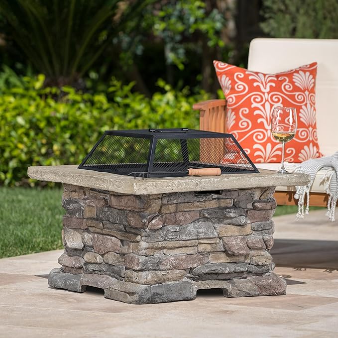 Outdoor Fire Pit Table 28.5 Inch Wood Burning Fire Pit for Patio with Spark Screen Fire Poker MGO Square Fireplace for Camping Garden Backyard Bonfire Party Stone Gray