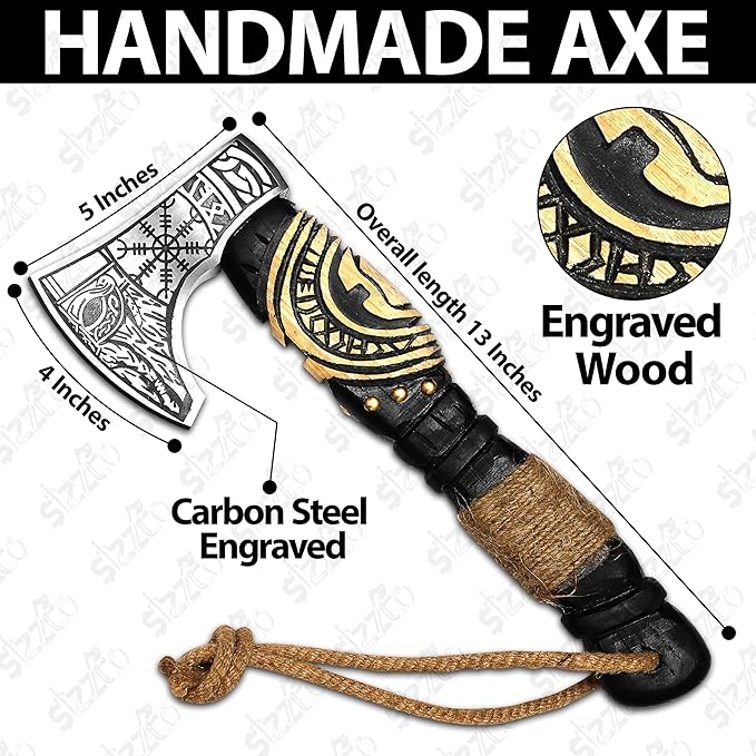 Custom Gift Black Forged Carbon Steel Viking Style Axe Bearded Axe with Rose Wood Shaft Tomahawk - Real Hatchet Best Gift for Anniversary Birthday Premium Leather Sheath