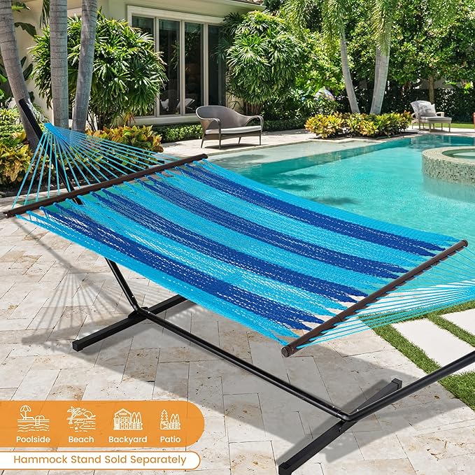 Lazy Daze Hammocks 10.5 FT Double 2 Person Caribbean Rope Hammock Hand Woven Polyester Hammock with Spreader Bars for Outside Outdoor Backyard Patio Poolside 450 LBS Capacity Blue/SkyBlue