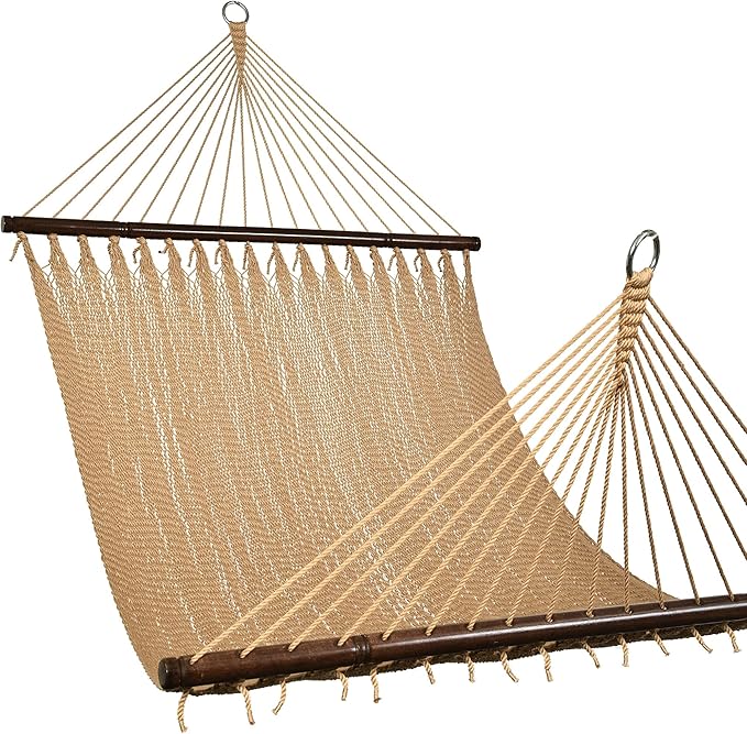 Lazy Daze Hammocks 10.5 FT Double 2 Person Caribbean Rope Hammock Hand Woven Polyester Hammock with Spreader Bars for Outside Outdoor Backyard Patio Poolside 450 LBS Capacity Tan