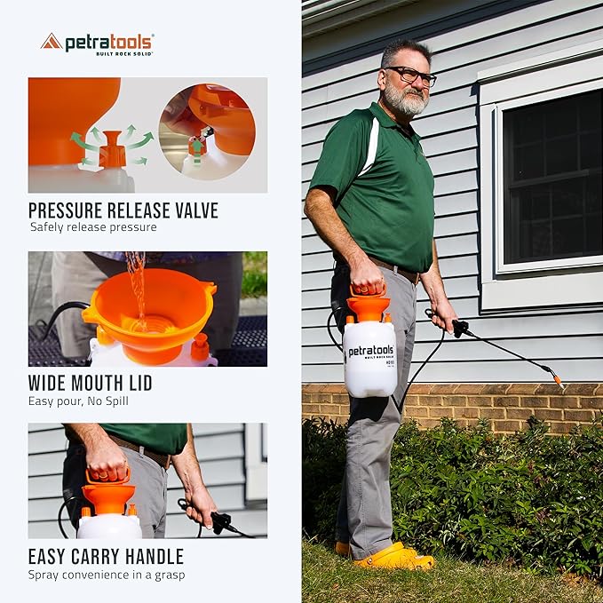 Petratools 1 Gallon Pump Sprayer – HD101 Garden Sprayer for Weeds Lawn Care &amp Pesticides – 52” Long Hose 2 Nozzles &amp Easy Carry Handle – Durable &amp Lightweight