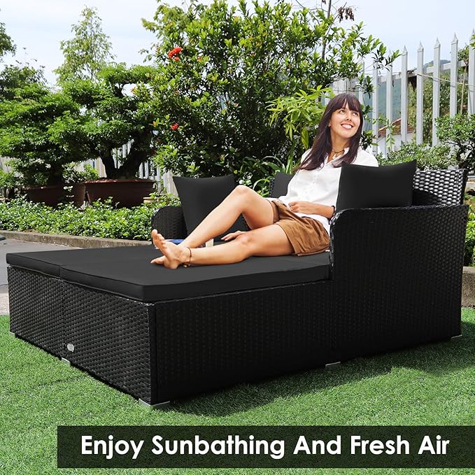 Tangkula Outdoor Rattan Daybed Wicker Furniture with Spacious Seat Upholstered Cushion &amp High-Resilience Sponge Patio Sofa Set with 4 Pillows 2-Person Sunbed for Poolside Backyard Garden &amp