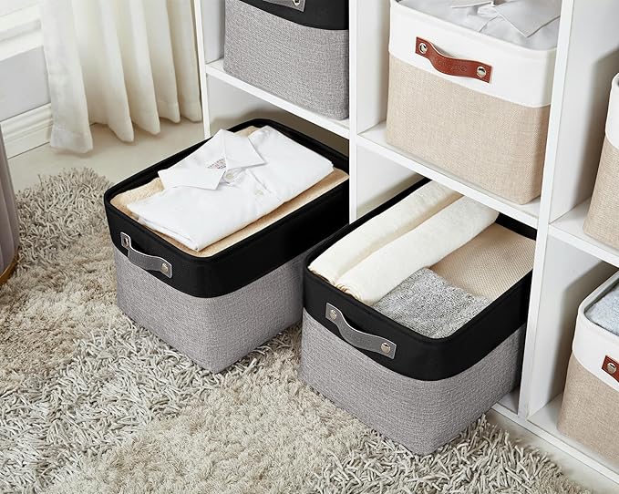DECOMOMO Storage Baskets for Shelves - Fabric Storage Bins Linen Closet Organizers and Storage (Grey &amp Black XL - 3 Pack)