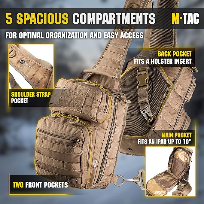 M-Tac Tactical Sling Bag - Concealed Carry Bag for Men Hexagon - One Shoulder Sling Backpack for CCW - Crossbody Sling Pack