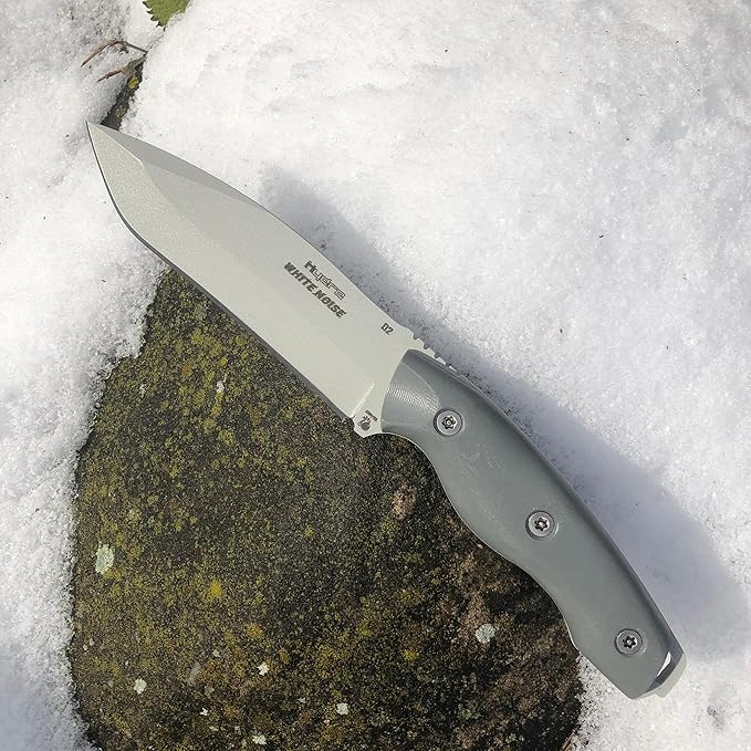 Hydra Knives WHITE NOISE Knife. 5.12 Full Tang Fixed Blade. Drop Point Shape with Böhler K110 (D2) Steel 58-60 HRC. CNC G10 Grey Handle. Kydex Black Sheath. Hunting Tactical Bushcraft Outdoor and