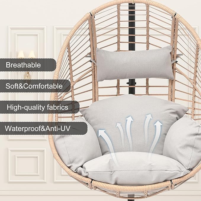 Oversized Hanging Egg Chair Outdoor Indoor Wicker Swing Egg Chair with Stand 400lbs Capacity for Bedroom Patio Garden and Balcony (Beige-Regular Oversize)