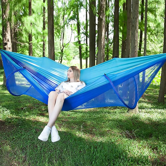 LFL Camping Hammock with Mosquito Net Hammocks with 13ft Tree Straps Carabiners Automatic Quick Open Outdoor Portable Hammock Nylon Parachute Material Outside Hammock with net Blue