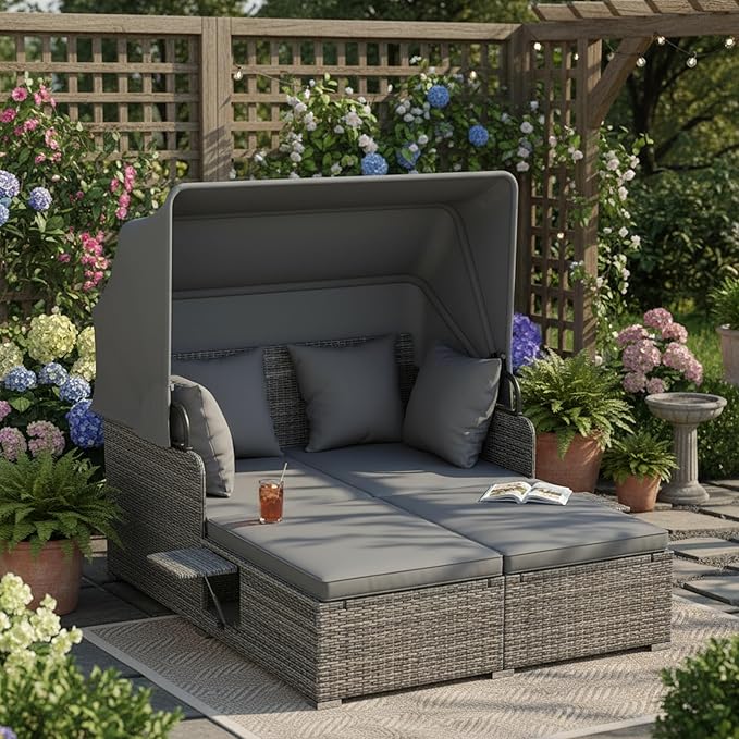 Tangkula Patio Rattan Daybed with Retractable Canopy Outdoor Wicker Sunbed Lounger with 2 Foldable Side Tables Thick Seat &amp Back Cushions Outside Double Daybed for Garden Backyard Porch Grey