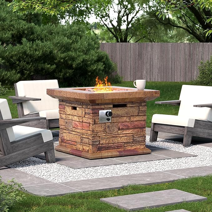 HOMPUS Outdoor Propane Fire Pit Table 32-inch Imitation Stone Square Concrete Propane Fire Pit with Lava Rocks and Rain Cover 50000 BTU Gas Smokeless Fire Pits for Outside PatioGarden CSA Certified
