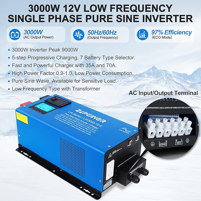 ZLPOWER 3000W 12V Pure Sine Wave Inverter 9000W Surge Single Phase 120V AC Output Off-Grid Low Frequency Inverter with LCD Display &amp Battery Charger for Home RV (LW-3000W-12V-SINGLE)