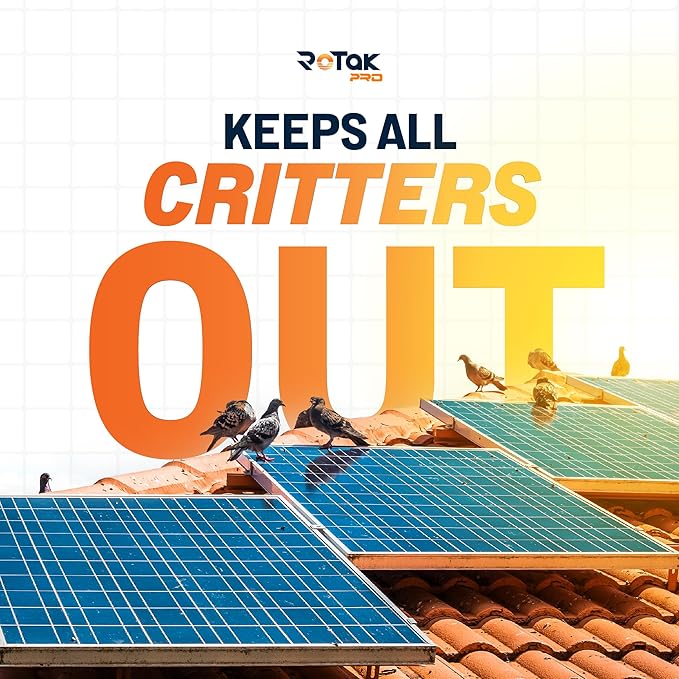 Rotak Critter Guard PRO - 4in x 100ft Solar Panel Bird Prevention Roll Kit with 60 Fastener Clips - Heavy Duty Galvanized Black PVC Coated ½ inch Wire Roll Mesh (4 PRO + 60 Clips)