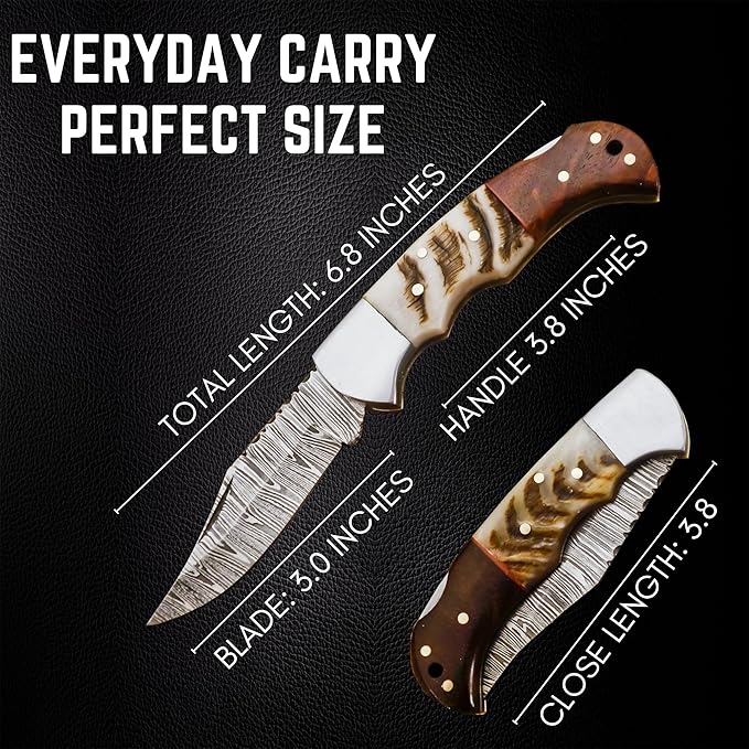 Damascus Pocket Knife for Men - 6.8 Sheep Antler Knife Handle- Pocket Knives &amp Folding Knives Back Lock Mechanism - Folding Pocket knife for Camping &amp Hiking - Christmas Gift for husband boy
