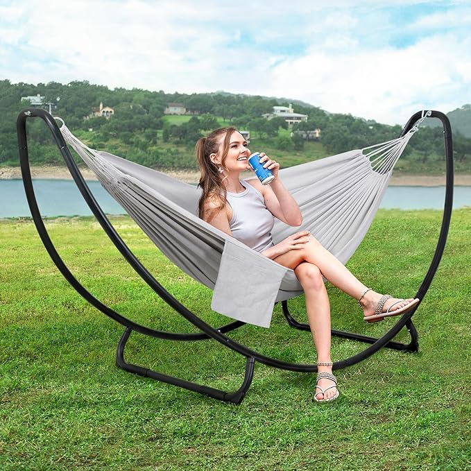 SUNCREAT Portable Large Hammock with Stand Two Person Hammock with Stand Included Patent Pending Light Gray