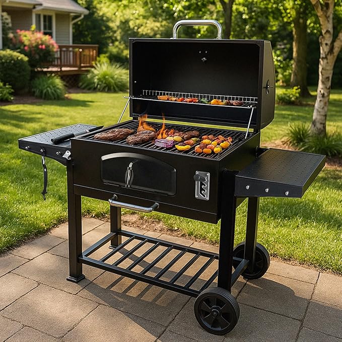 Grill Boss Charcoal Grill with Large 32-Inch Cooking Area - Includes Warming Rack Side Shelves Bottom Storage and Wheels for Outdoor BBQ Tailgating Camping &amp Backyard Grilling