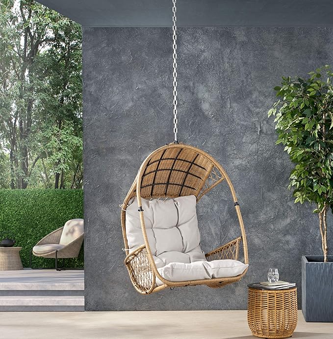 Christopher Knight Home Sidney Outdoor/Indoor Wicker Hanging Chair with 8 Foot Chain (NO Stand) Light Brown and Beige