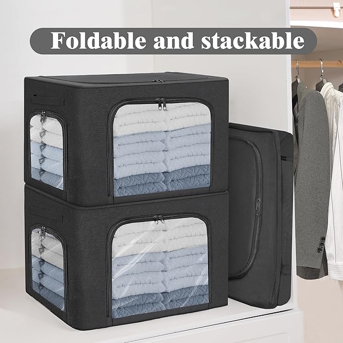 GuliPostan 3 Pack 40L Stackable Clothes Storage Bins with Metal Frame Handles &amp Zipper Collapsible Closet Organizer Box with Lid for Bedding Blankets Towel (Black)