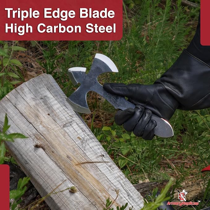 Armory Replicas™ Grip Analysis Full Tang Forged High Carbon Steel Triple Edge Outdoor Viking Inspired Throwing Axe w/Genuine Leather Sheath.