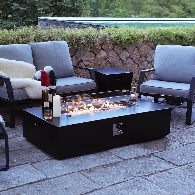 NAGA HABNA 56 Inch Propane Fire Pit Table Rectangle Outdoor Fire Table w Tank Table (50000 BTU) 3 Piece Gas Fire Pit in Black w Glass Wind Guard and White Fire Glass for Garden Pool Backyard
