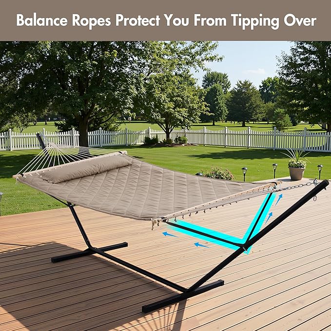 ANOW 2 Person Hammock with 12FT Stand Heavy Duty Hammock with Stand for Outdoors 450 LBS Weight Capacity Light Brown