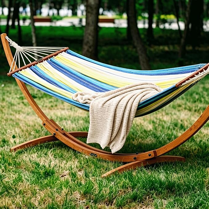 Lazy Daze Hammocks Cotton Fabric Spreader Bar Hammock and 10.5 Ft Wood Arc Hammock Stand Combo for Outdoor Indoor Patio Backyard Blue and Yellow