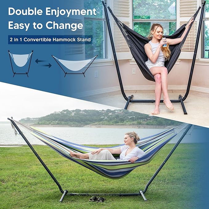 SUNCREAT 2-in-1 Convertible Backyard Fabric Hammock with Stand Large Hammocks for Outside Patented Light Green Stripes