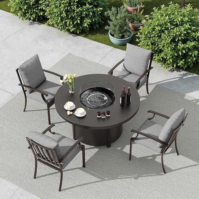 5 Pcs Metal Outdoor Patio Furniture Set with 48/55000 BTU Outdoor Round Propane Fire Pit TablePatio Conversation Sets 4 Fixed Chairs No-Slip Cushions and Waterproof CoversGrey