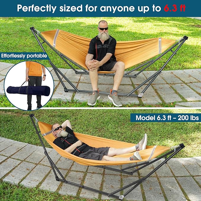 Tranquillo Adjustable Hammock Stand 2 Persons Portable Hammock with Stand Collapsible – Lounge Yard Porch Hammock Net with Carry Bag Yellow