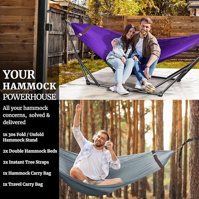 Tranquillo Combo x2 Hammocks with Stand for Outside &amp Tree Straps Heavy Duty Hammock with Stand 600lbs for Indoor Outdoor Patio Backyard x2 Hammocks for 2 Person (Combo - Purple Medium)