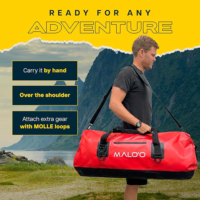 Malo’o Waterproof Dry Duffel Heavy-Duty Roll Top Waterproof Gear Bag with Shoulder Strap &amp Molle Loops Marine Duffel for Kayaking Boating Camping Beach &amp Travel Red 100L